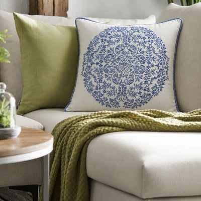 BLUE EMBROIDERED MEDALLION CUSHION
