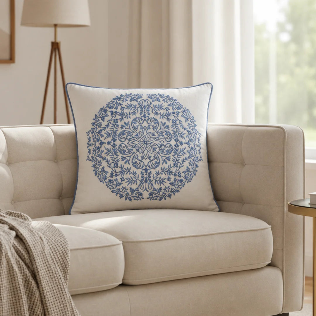 BLUE EMBROIDERED MEDALLION CUSHION